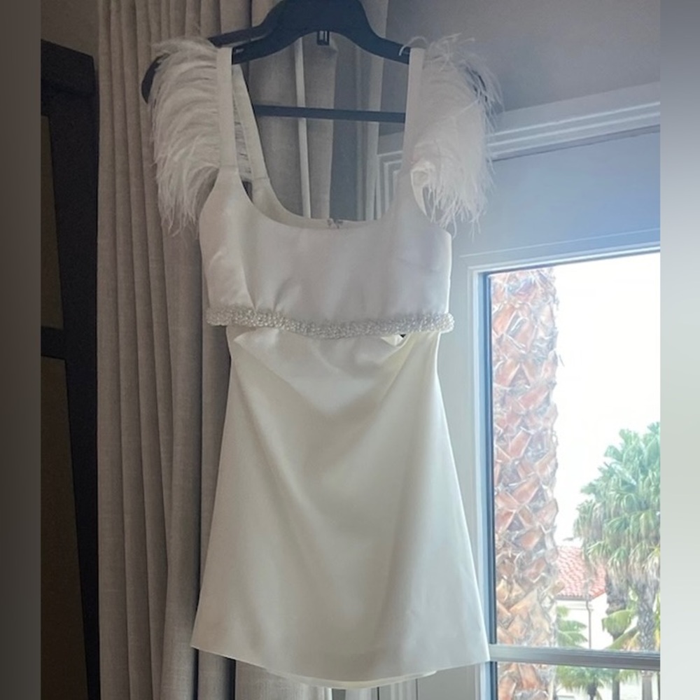 Likely Taliah Feather Trim Cutout Mini Dress